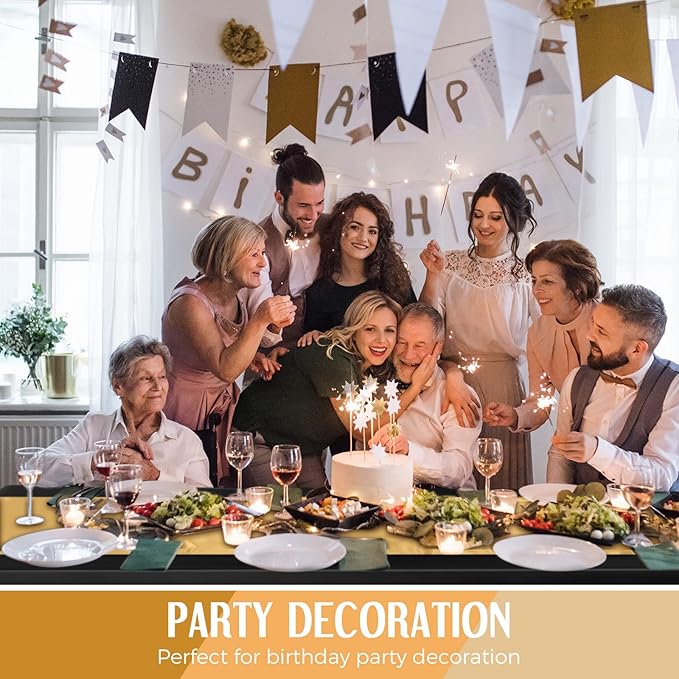 Breling 8 Pack New Year Black and Gold Disposable Plastic Tablecloths and Satin Table Runner Set, 54 x 108 Inch Tablecloth, 12 x 108 Inch Table Runners for Wedding Graduation Birthday Baby Shower