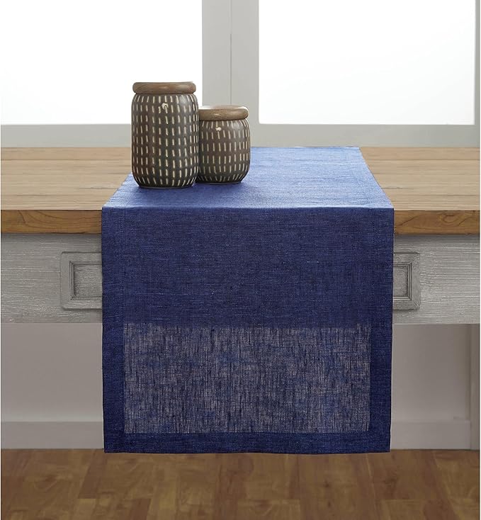 Solino Home Linen Chambray Navy Table Runner 108 Inches Long - Athena, 100% Pure Linen Dining Table Runner 14 x 108 Inch for Spring