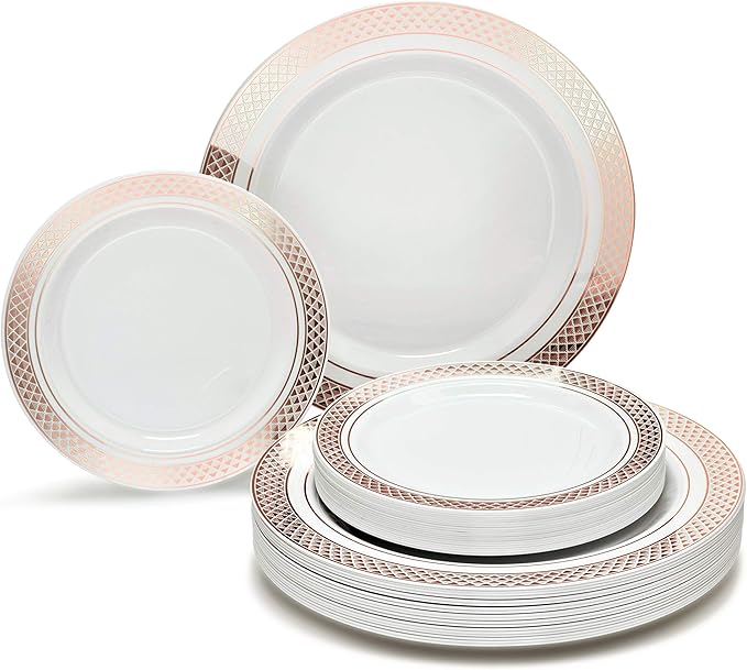 OCCASIONS 240 Plates Pack,(120 Guests) Heavyweight Premium Wedding Party Disposable Plastic Plates Set -120 x 10.5'' Dinner + 120 x 7.5'' Salad/Dessert plates (Celebration White & Rose Gold)