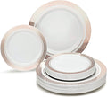 OCCASIONS 240 Plates Pack,(120 Guests) Heavyweight Premium Wedding Party Disposable Plastic Plates Set -120 x 10.5'' Dinner + 120 x 7.5'' Salad/Dessert plates (Celebration White & Rose Gold)