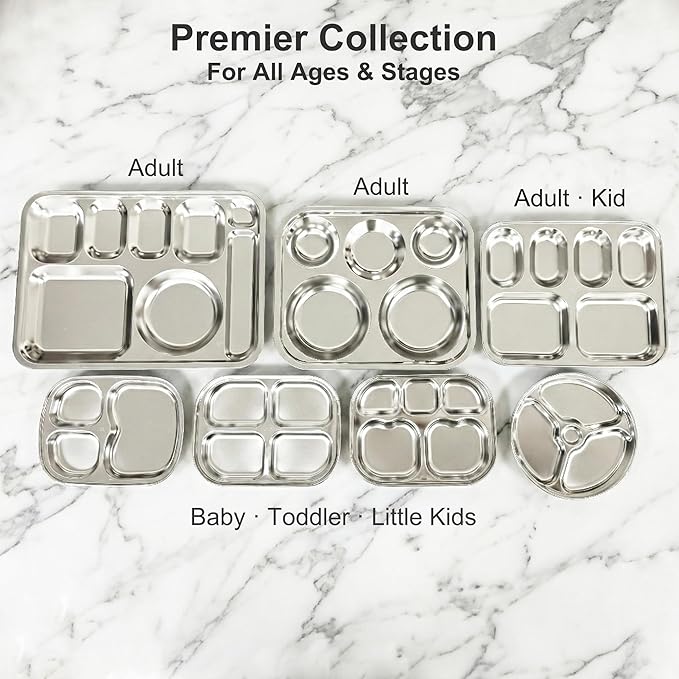 Korean Stainless Steel Divided Plates with Cutlery Slot for Adults, Premium 304, Electro-Polished, No Black Residue, BPA-Free, XL 8-Compartment Food Tray, Camping, Set of 2