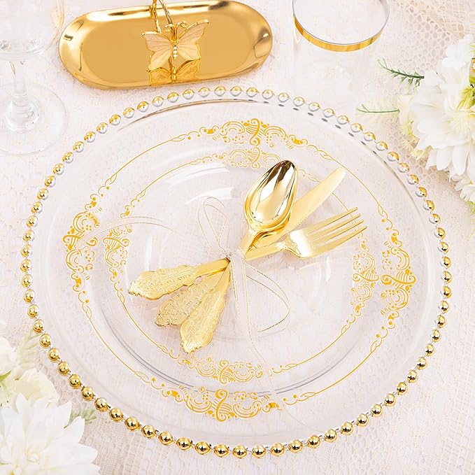 Hioasis 350pcs Clear and Gold Plates - Clear Party Plates for 50 Guest, Include 100 Heavy-duty Plates(20% Thicker Than Standard), 50 Pre Rolled Gold Plastic Silverware Set, 50 Cups