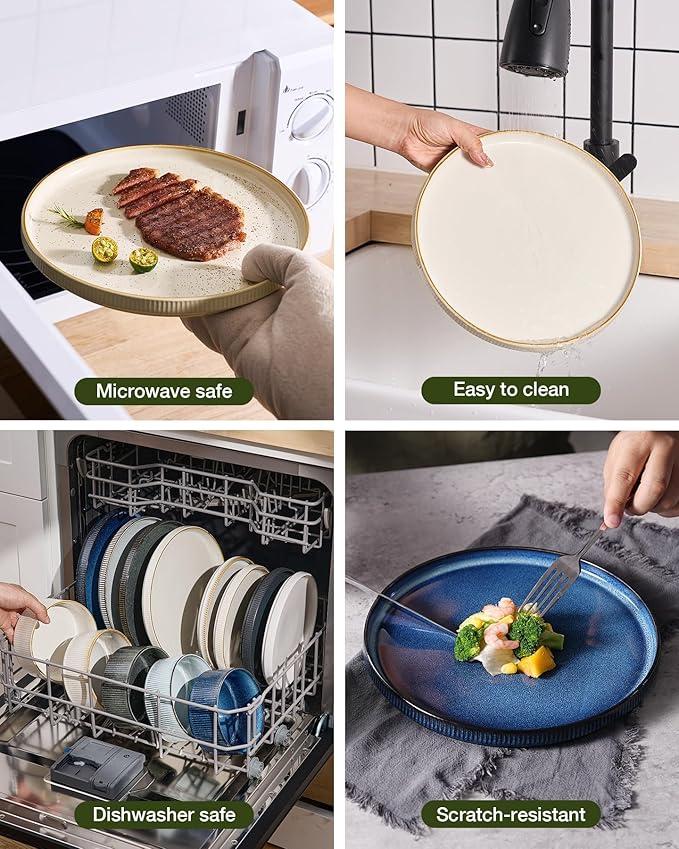 Famiware Star Dinnerware Set with Mugs, Service for 4 (16pcs), Ribbed Stoneware Plates and Bowls Dishes Sets with Trim - Chip & Scratch Resistant, Microwave & Dishwasher Safe, White