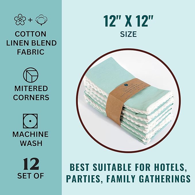 Fingercraft Dinner Cloth Napkin Cotton Linen Blend 12 Pack Mitered Corners with Elegant Lace for Everyday Use Napkins are Pre Shrunk and Good Absorbency (Aqua, 12in x 12in)
