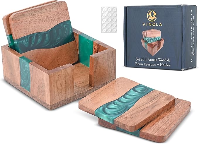 Rustic Wood Coasters Set of 4, Epoxy Resin, 4x4 Inches, With Holder