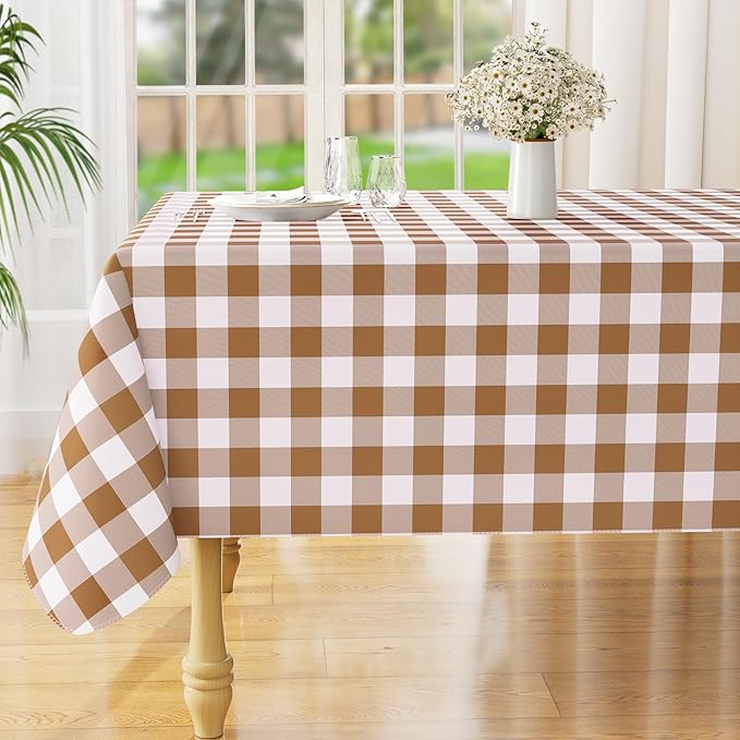 misaya Rectangle Waterproof Vinyl Table Cloth, Buffalo Flannel Backed Tablecloth, Wipeable Plastic Table Cover for Dinner, Kitchen, Outdoor (52" x 70", Brown and White)
