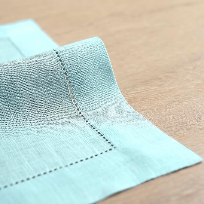 Solino Home Linen Cloth Placemats Set of 4-100% Pure Linen Hemstitch Aqua Blue Placemats 14 x 19 Inch - Classic Hemstitch Table Place Mats for Winter, Spring, Easter