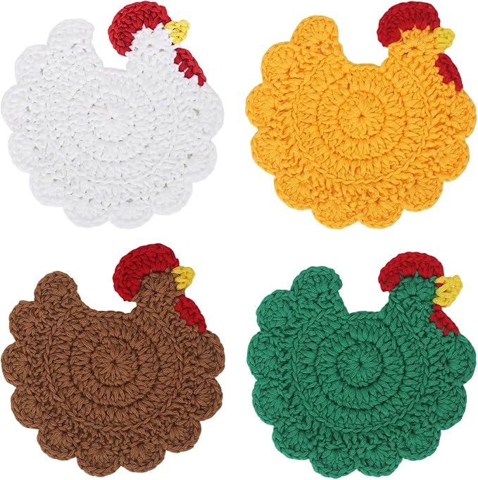Funny Chicken Coasters Set of 4, Handmade Crochet Farmhouse Style Drink Coasters, Cute Knitted Desk Accessories for Home Decor, Unique Housewarming Gifts (Style B)