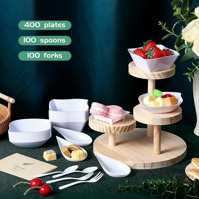 Tessco 800 Pcs Mini Appetizer Plates Set Including 400 Disposable Dessert Plates Assorted Shape 200 Mini Plastic Forks 200 Plastic Spoons for Party(White,Classic)