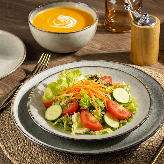 AmorArc Ceramic Dinnerware Sets for 8, 24 Pieces Handpainted Stoneware Plates and Bowls Set, Scratch Resistant Dishes Set, Dishwasher & Microwave Safe, Reactive Color