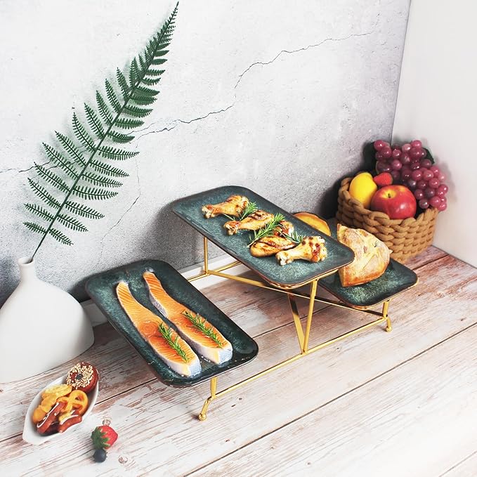 3 Tier Serving Trays for Party, 14.4 Inch Porcelain Serving Platters and Tiered Trays, Foldable Sturdy Gold Stand, for Food Display, Fruit, Cake Dessert, Decoration Entertaining, Black
