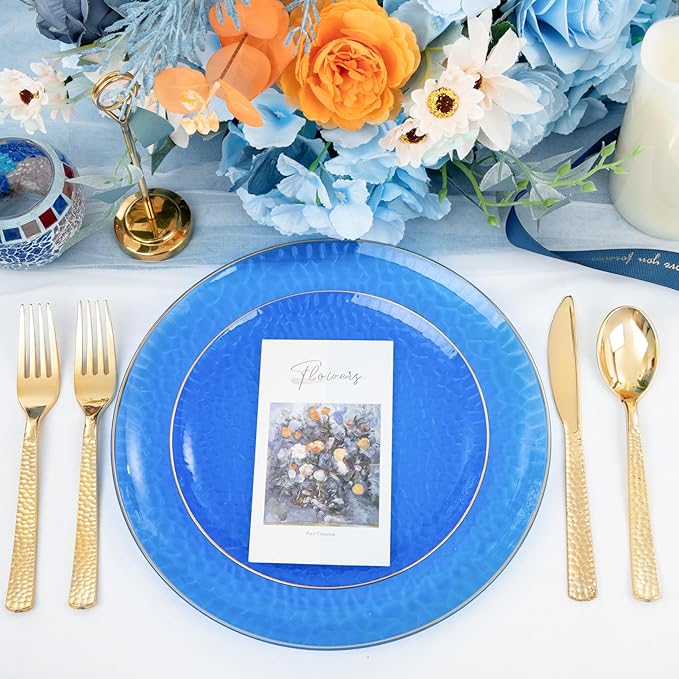 Hioasis 60pcs Blue Plastic Plates - Gold Rimmed Disposable, Hammered, Heavy-duty Dinnerware Set Suitable for 30 Guests, 10.25" Dinner & 7.5" Dessert Plates for Party & Wedding