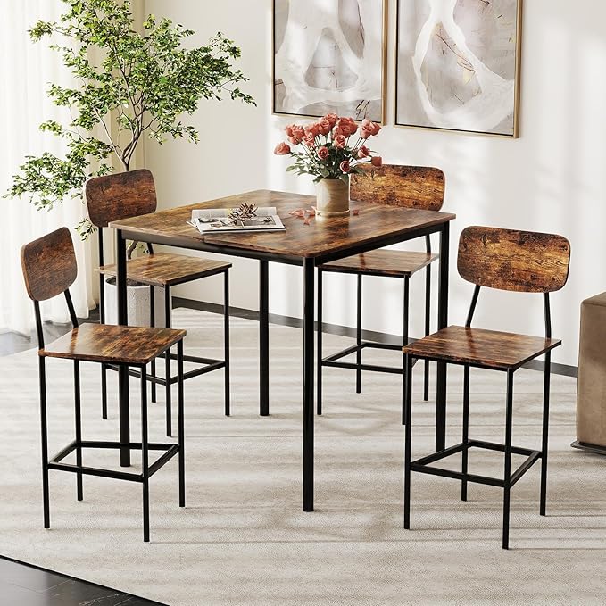 COSTWAY Dining Table Set for 4, 5-Piece Square Kitchen Nook Dinette Set with 4 Bar Stools with Footrest, Backrest, Space-Saving Design, Industrial Kitchen Table and Chairs for Apartment, Coffee