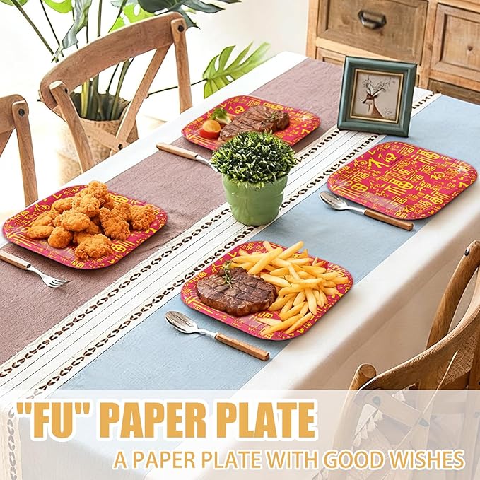 30 Pcs Chinese New Year Paper Plates Square Plates, 8.7" Disposable Plates Heavy Duty Decorative Plates Food Trays, Dinner Platters Dessert Plates for Spring Festival Lunar New Year Party Decorations