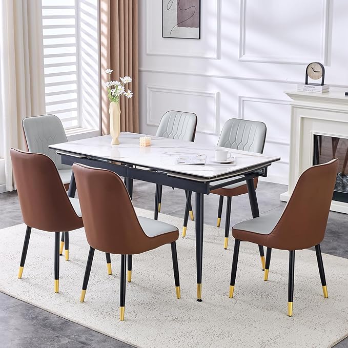 Extendable Dining Table Set for 6, 55'' to 78.8'' Rectangular Thickened Sintered Stone Kitchen Table with 6 Upholstered Chairs, Modern Space Saving 7-Piece Dinner Table Set