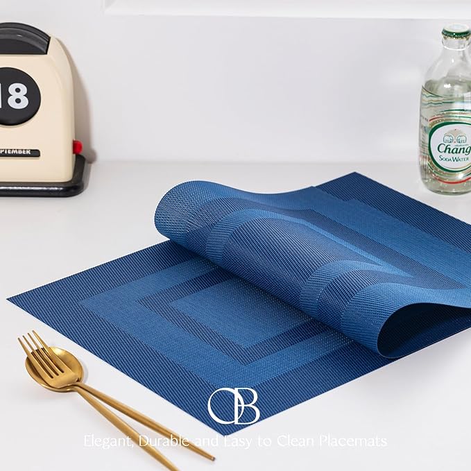 Placemats Set of 4 - Easy Clean Woven Vinyl Placemats for Dining Table, Indoor/Outdoor Place Mats, Washable PVC Table Mats（Navy Cube）