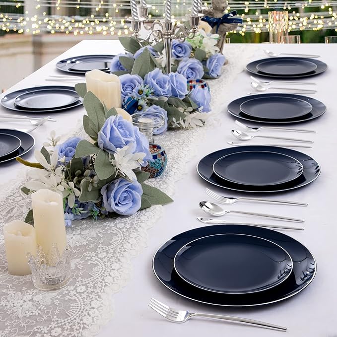 I00000 150Pcs Blue Plastic Plates,Hanukkah Plastic Plates,Navy Blue Disposable Plates with Silverware include 30 Dinner Plates10.25,30 Dessert Plates10.25,90 Silver Silverware Set for Party