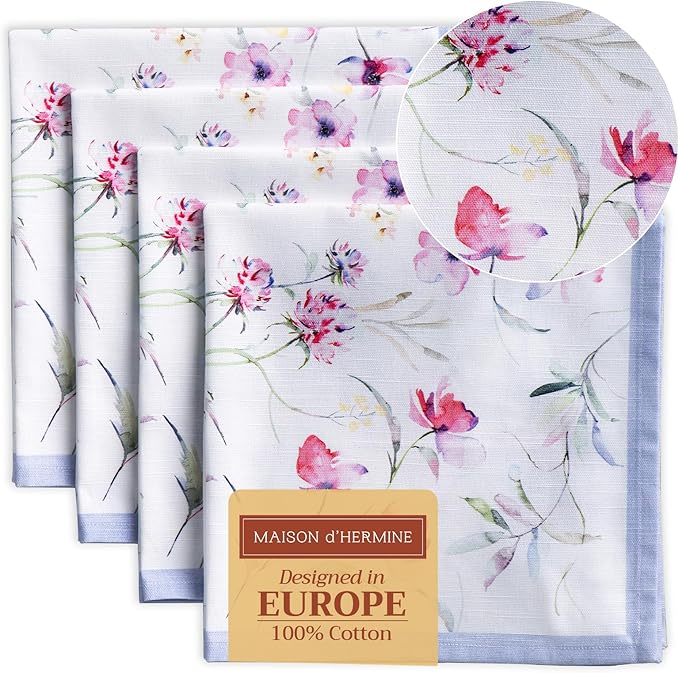 Maison d' Hermine Cloth Napkins Set of 4 100% Cotton Everyday Reusable Square Napkins Cloth Washable Dinner Party Wedding Restaurant Valentines Day Decorations Spring/Summer (Summer Floral, 20" x 20")