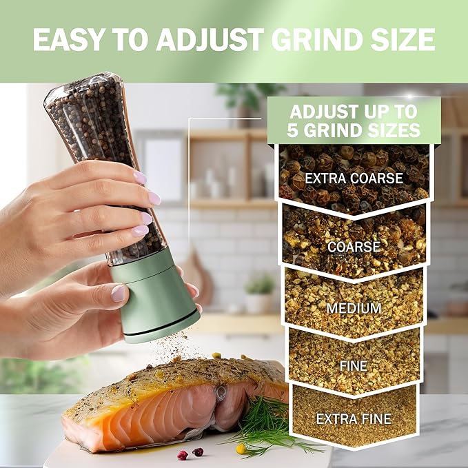 Home EC Premium Green Sea Salt and Pepper Grinder Set of 2 - Adjustable Ceramic - Tall Glass Salt and Pepper Shakers - Kitchen Pepper Mill & Salt Mill W/Funnel & EBook