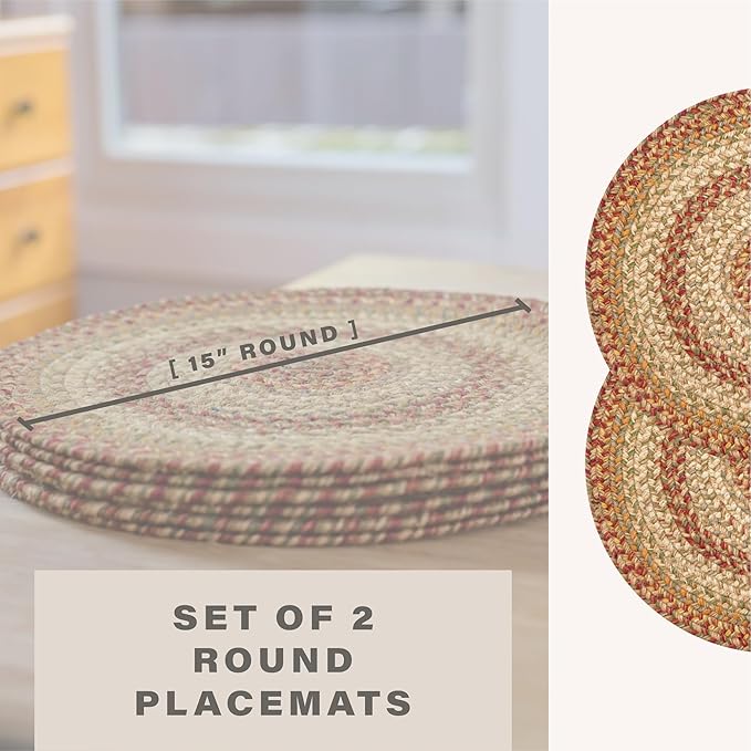 Homespice Harvest Round Braided Placemats, Warm Country Decor, Set of 2, 15", Multicolor Jute Table Mats - Vibrant Colors, Durable, Easy to Clean and Protects Furniture