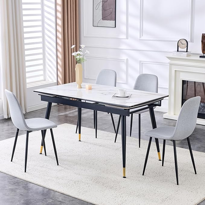 Extendable Dining Table Set for 4, 55'' to 78.8'' Rectangular Thickened Sintered Stone Kitchen Table with 4 Upholstered Chairs, Modern Space Saving 5-Piece Dinner Table Set