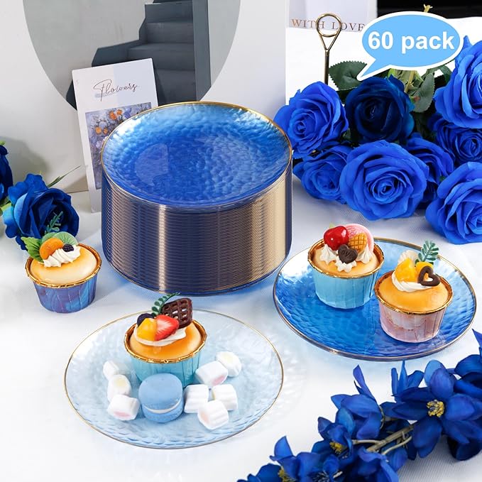 Rubtlamp 60 Pcs Blue Gold Plastic Plates, Hammered Plastic Dessert/Salad Plates, 7-Inch Blue Dessert Platos,Appetizer Platos Disposable Perfect For Wedding