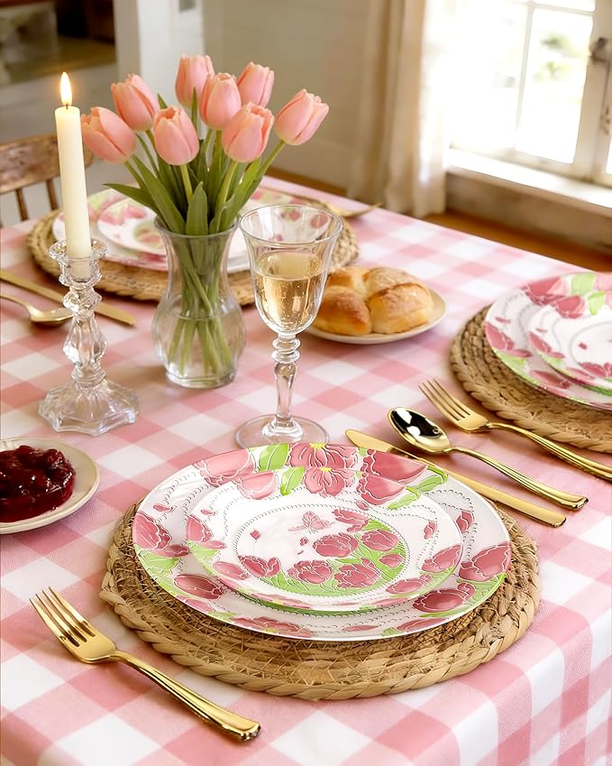 Hioasis 60pcs Plastic Disposable Plates Set - Pink Tulip & Butterfly Pattern with Pearl Trim, 10.25 Dinner & 7.5 Dessert Plates for Wedding,Anniversary,Party and Holiday
