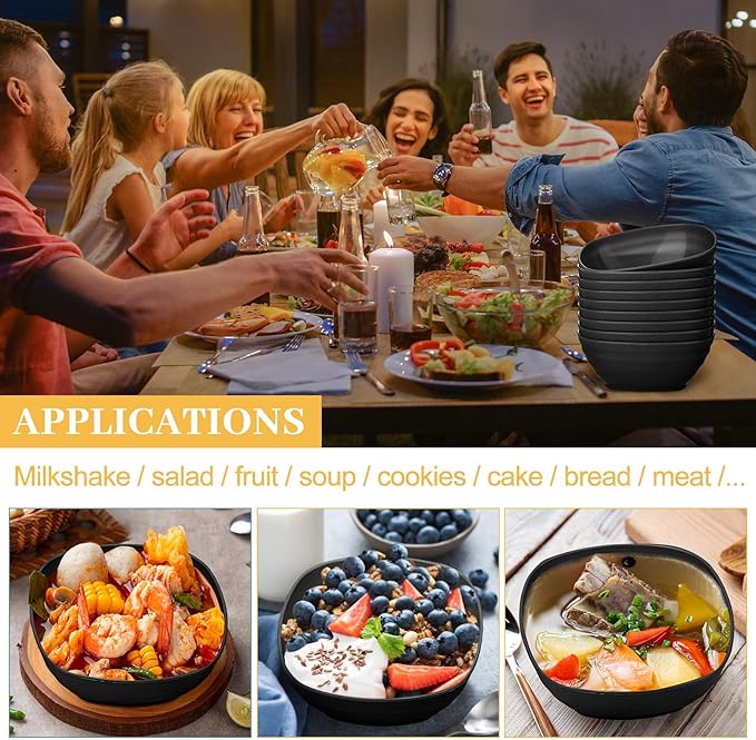 Gejoy 64 Pcs Unbreakable Cereal Reusable Wheat Straw Lightweight Bowls Microwave and Dishwasher Safe Soup Fiber Bowls for Kitchen Serving Salad Rice Snacks (Black)