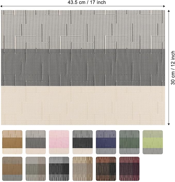 Placemats Set of 6, Vinyl Woven Place Mats Indoor Set of 6 Washable Wipeable PVC Table Mats Heat-Resistant Non Slip Placemat for Kitchen Dining Outdoor Table (Beige Dark Gray, Set of 6)