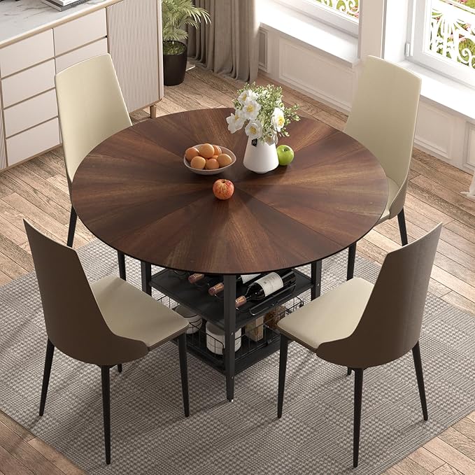VFK 47" Round Dining Table Set with Storage Steel Legs & Sunburst Design, 5-Piece Modern Wooden Kitchen Set for 4-6 People, Includes 4 Comfortable Chairs for Dining Room, Living Room or Kitchen