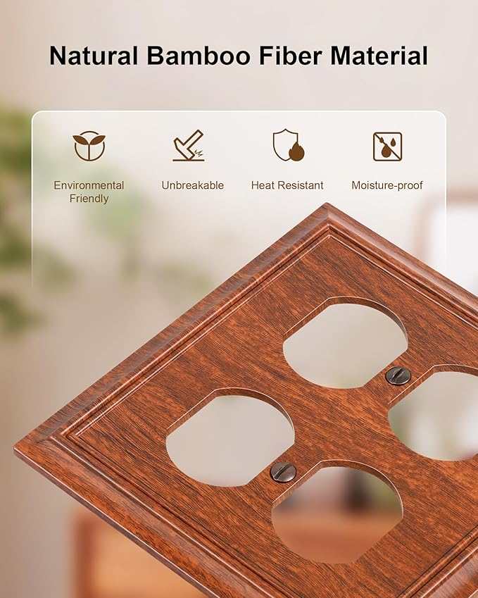 2-Pack Double Duplex Outlet Cover, Wood Grain Decorative Switch Plates and Outlet Covers for Electrical Outlets, Durable Natural Bamboo Fiber Wall Plates, 2 Gang Receptacle Cover