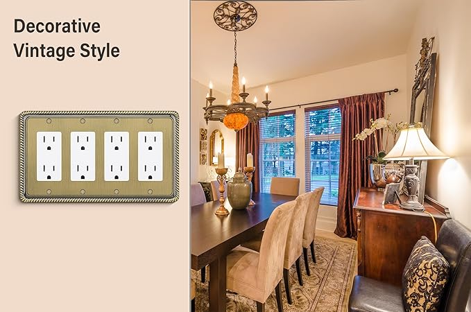 Henne Bery Rope Edge Decorative Wall Plate Switch Plate Outlet Cover (Quad Decorator, Antique Brass)