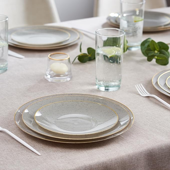 PLASTICPRO 30 Pack Disposable Plastic Plates Heavyweight Granite Look Elegant 10 inch Dinner Plates Grey with Gold Rim