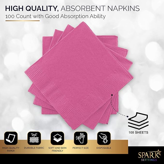 100 Pack Pink Beverage Napkins, Big Party Pack, 2 Ply, Ideal for Wedding, Party, Birthday, Dinner, Lunch, Cocktails. (5” x 5”) by Amcrate