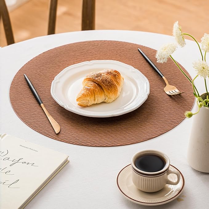 Jovono 15" Faux Leather Big Round Placemats Set of 4 - Washable Heat Resistant Non-Slip Dining Table Mats with Fabric Texture for Kitchen Home Party Decor, Brown