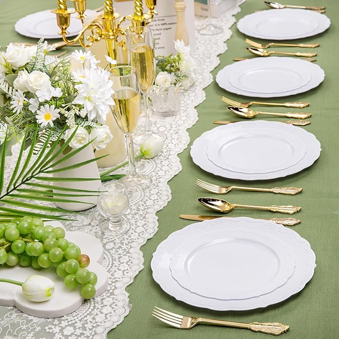 DaYammi 150Pcs White Plastic Plates & Gold Plastic Silverware, White Disposable Plates for Party Include 30 Dinner Platos,30 Dessert Platos,30 Golden Knives,30 Gold Forks,30 Spoons for Wedding Party