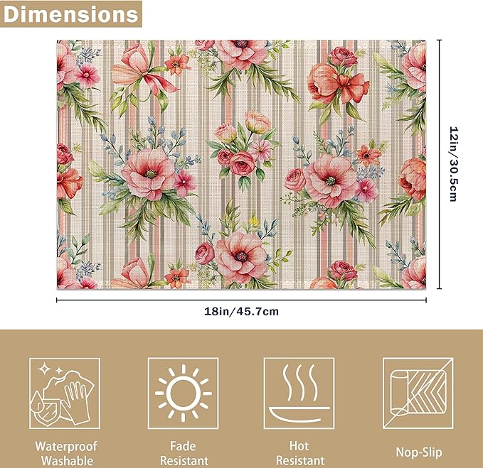 Table Placemats Set of 6, Waterproof Linen Fabric, Non-Slip Backing & Easy Clean, Elegant Dining Table Protectors for Family and Guests(Vintage Floral Countryside)