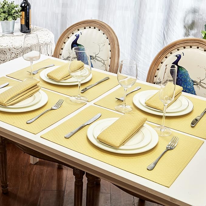 Place Mats Set of 8 – Rectangle Rectangular Waterproof Fabric Polyester Cloth Washable Wipeable Heat Resistant Placemats for Kitchen Dining Dinner Table Indoor 13 x 19 Inch Gold