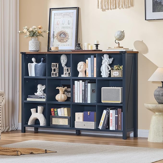 12 Cube Storage Organizer, Farmhouse 62 Inch Wide Navy Blue Display Bookshelf, Wooden 3 Tier Large Open Book Shelf, Vintage Bookcase for Home Office, Cubby Cabinet for Living Room, Bedroom