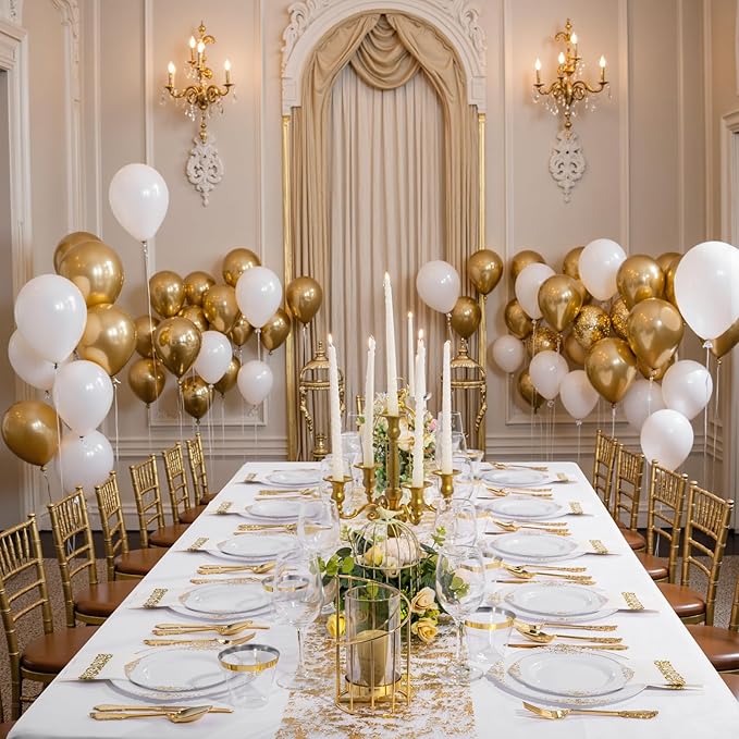 Nervure 100Pcs White and Gold Plastic Plates - 7.5inch Gold Disposable Plates - Heavyweight Plastic Dessert Plate for Wedding & Party