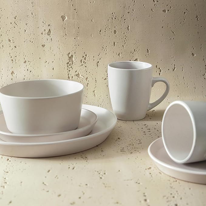 SERVICE FOR 4 - Total of 16 pieces including 8 dinner plates (10”), 4 salad plates (7.5”), 4 bowls (5.75”), and 4 mugs (12 oz), making it the perfect set to service 4 people