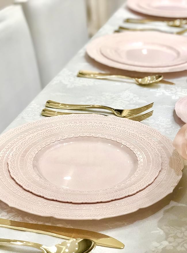 " OCCASIONS " 80 Plates Pack,(40 Guests) Extra Heavyweight Vintage Wedding Disposable/Reusable Plastic Plates 40x11'' Dinner+40 x 8.25'' Salad/Dessert Plate (Chateau Blush Pink)
