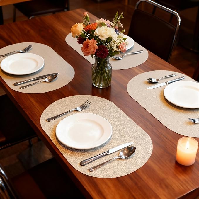 Oval Placemats for Dining Table Set of 2, Washable Leather Table Mats, Waterproof Heat-Resistant Non-Slip Kitchen Placemats, Simple Style Oval Design