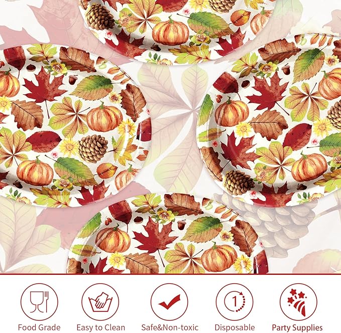 50 Pcs Fall Leaves Pumpkin Oval Plates 10" x 12" Large Disposable 400 GSM Fall Paper Plates Thanksgiving Plate for Fall Themed Party Dinnerware Supplies Thanksgiving Holiday Party Kitchen Table Decor
