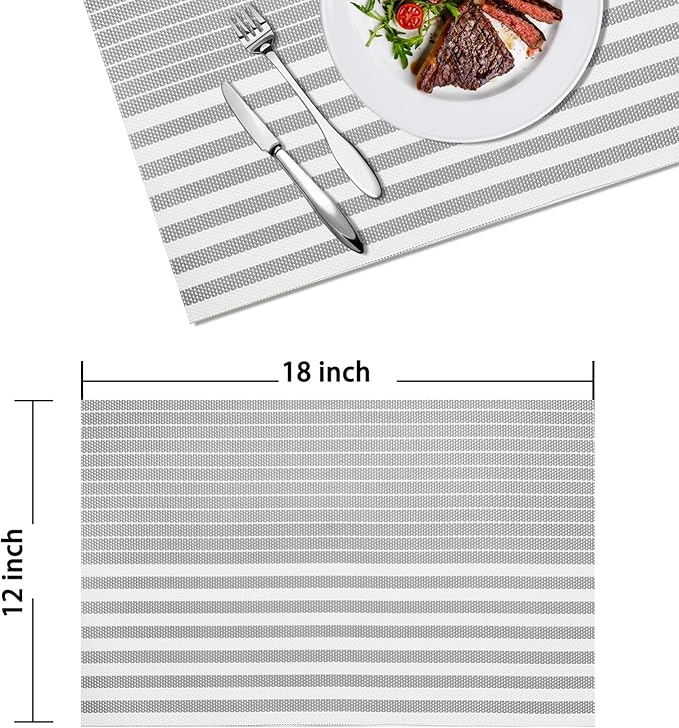 Placemats Set of 4 Vinyl Washable Grey Placemats, 18"x12" Wipeable Heat-Resistant Non-Slip Easy Clean Table Mats Ideal for Dining Table Table Runner and Outdoor (4, Grey Stripe)