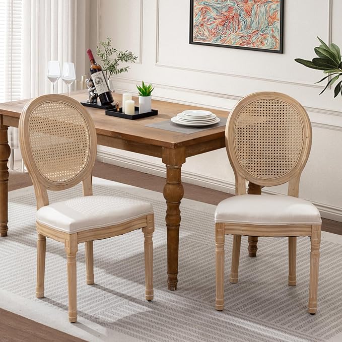 SoarFlash French Dining Chairs Set of 2, Vantage Dining Chair with Round Back, Wood Leg Farmhouse Country Rattan Dining Chair for Kitchen,Bedroom,Beige