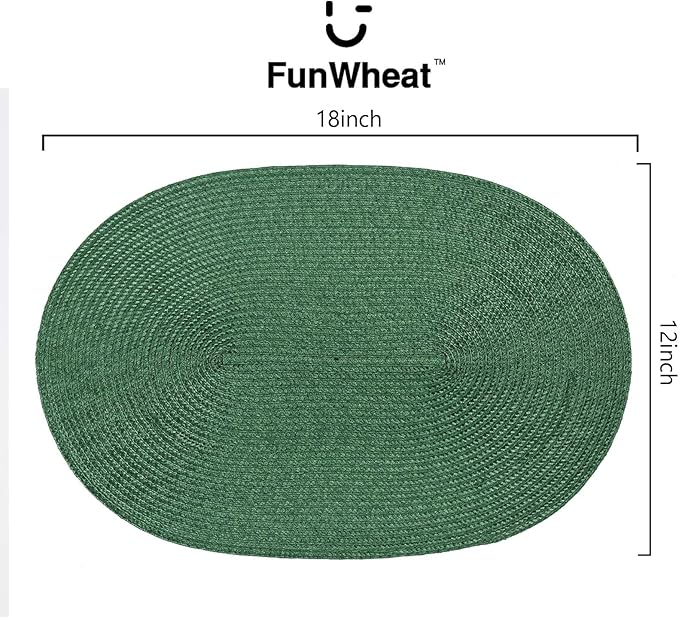 FunWheat Oval Braided Placemats Set of 6 Table Mats for Dining Tables Washable Heat Resistant Place Mats for Indoor Outdoor Use 12 x18 Inch (Oval Black Green, 6pcs)