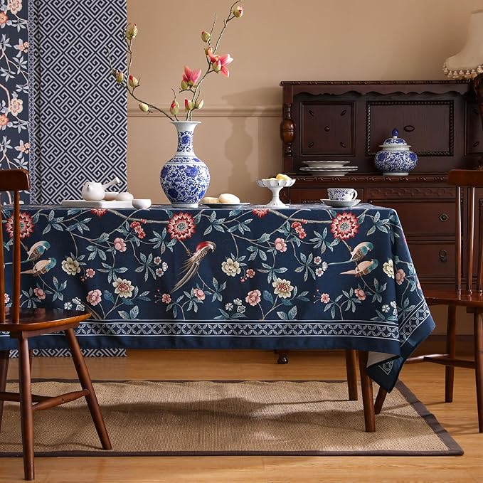 patdrea Designer Vintage Dark Blue Linen Rectangular Tablecloth,Navy French Floral and Birds Pattern Table Cloth,Decoration Table Cover for Kitchen,Dining,Tea Party,Home,Christmas,55"*79"