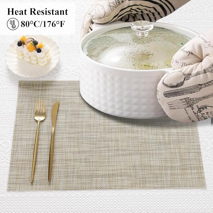 SHACOS Easy Clean Placemats Set of 4 Woven Vinyl Reversible Plastic Place Mats Heat Resistant Stain Resistant Dining Table Mats Indoor Outdoor Table Decor, Beige