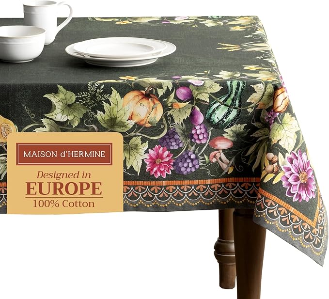 Maison d' Hermine Table Cloth Rectangle Table 100% Cotton 70 x 120 Inches Fall Tablecloth Reusable Everyday Use for Thanksgiving Christmas Decorations Dining Farmhouse (Pumpkin Garden - Dark Green)
